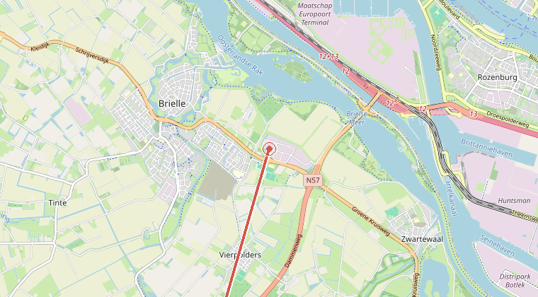 Kaart van de omgeving van de melding, met de kazerne die is gealarmeerd