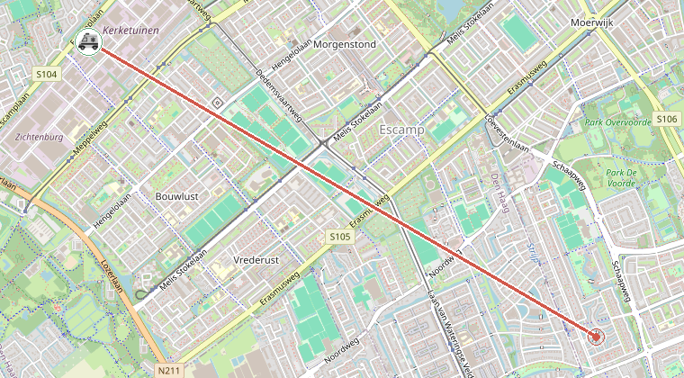 Kaart van de omgeving van de melding, met de kazerne die is gealarmeerd