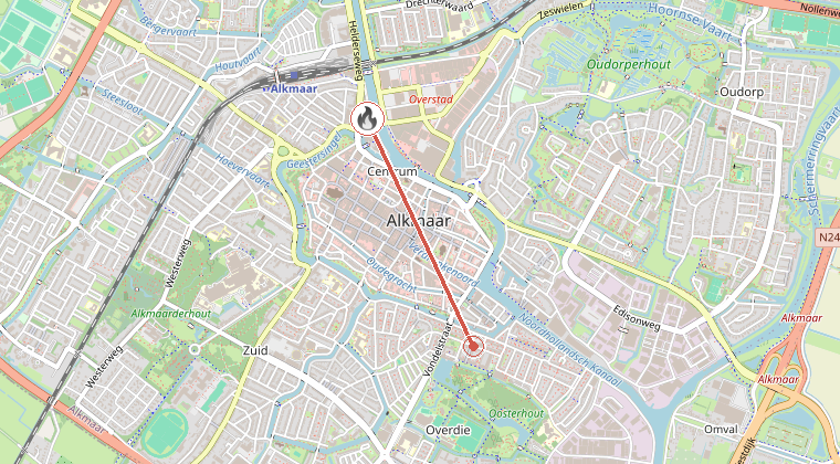 Kaart van de omgeving van de melding, met de kazerne die is gealarmeerd