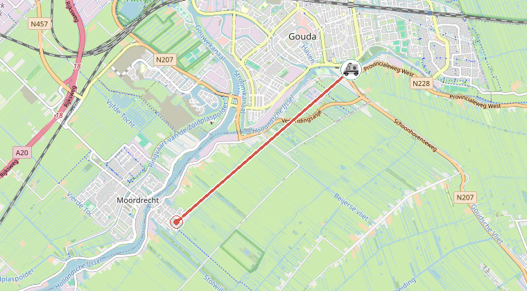 Kaart van de omgeving van de melding, met de kazerne die is gealarmeerd