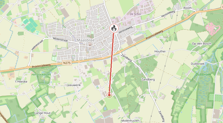 Kaart van de omgeving van de melding, met de kazerne die is gealarmeerd
