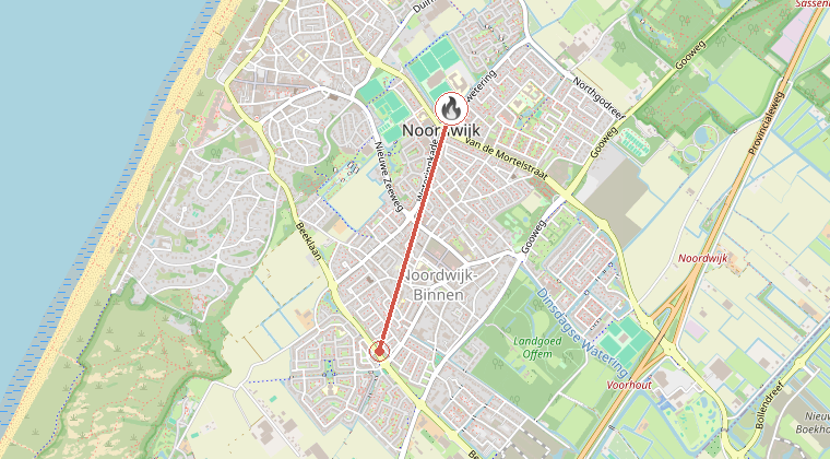 Kaart van de omgeving van de melding, met de kazerne die is gealarmeerd