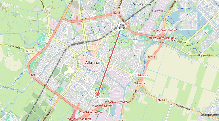 Kaart van de omgeving van de melding, met de kazerne die is gealarmeerd