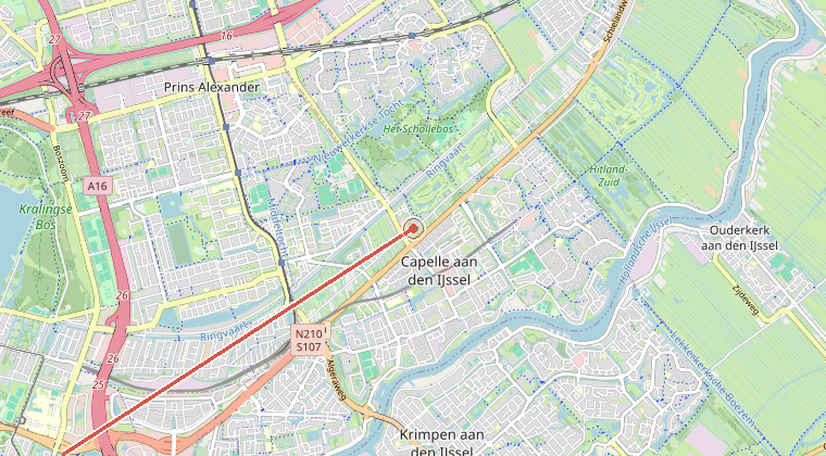 Kaart van de omgeving van de melding, met de kazerne die is gealarmeerd