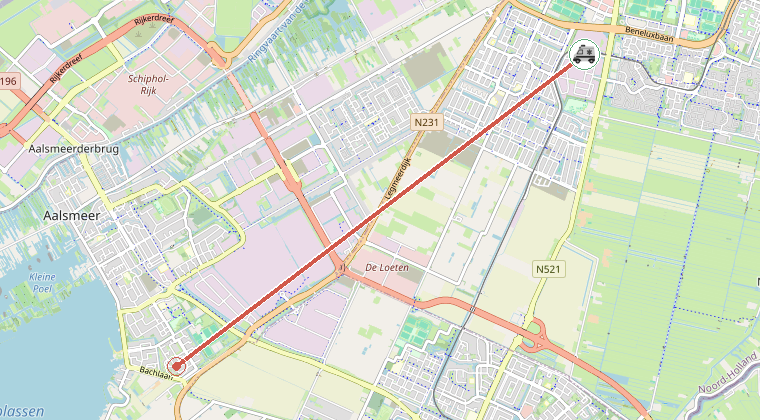 Kaart van de omgeving van de melding, met de kazerne die is gealarmeerd
