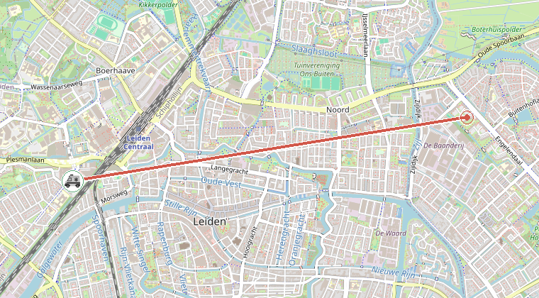 Kaart van de omgeving van de melding, met de kazerne die is gealarmeerd