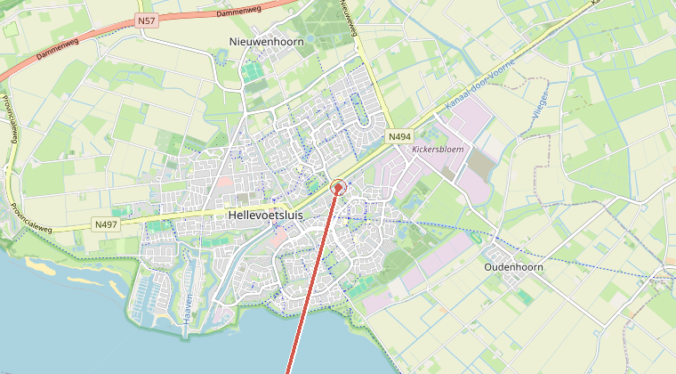 Kaart van de omgeving van de melding, met de kazerne die is gealarmeerd
