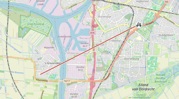 Kaart van de omgeving van de melding, met de kazerne die is gealarmeerd