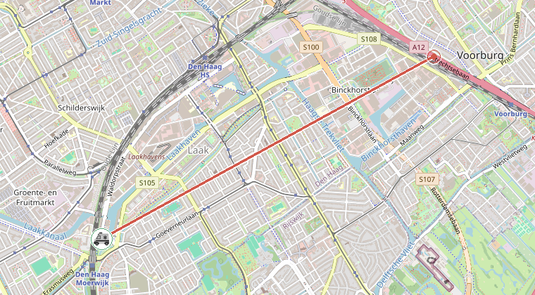 Kaart van de omgeving van de melding, met de kazerne die is gealarmeerd