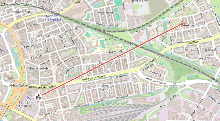 Kaart van de omgeving van de melding, met de kazerne die is gealarmeerd