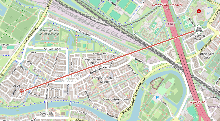 Kaart van de omgeving van de melding, met de kazerne die is gealarmeerd