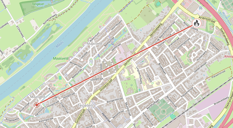 Kaart van de omgeving van de melding, met de kazerne die is gealarmeerd