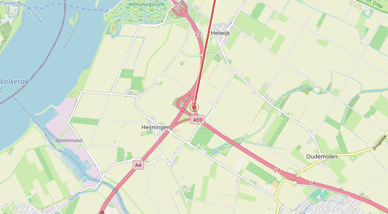 Kaart van de omgeving van de melding, met de kazerne die is gealarmeerd