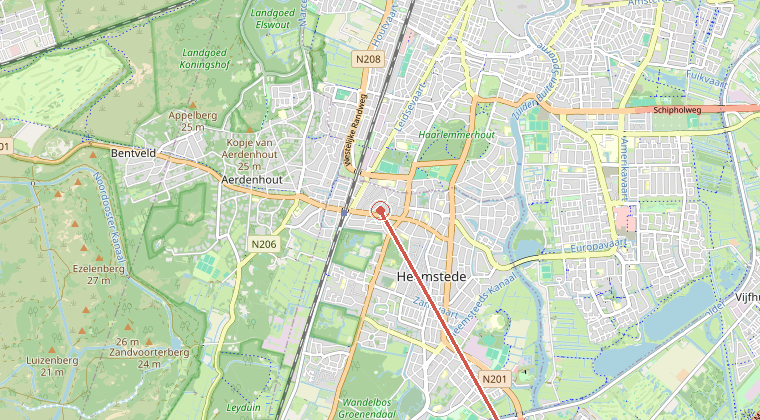 Kaart van de omgeving van de melding, met de kazerne die is gealarmeerd