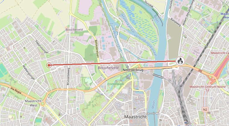 Kaart van de omgeving van de melding, met de kazerne die is gealarmeerd