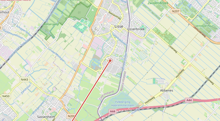 Kaart van de omgeving van de melding, met de kazerne die is gealarmeerd