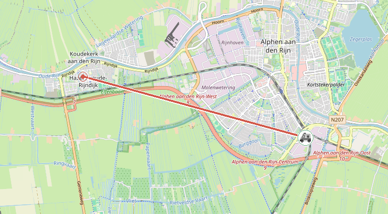 Kaart van de omgeving van de melding, met de kazerne die is gealarmeerd