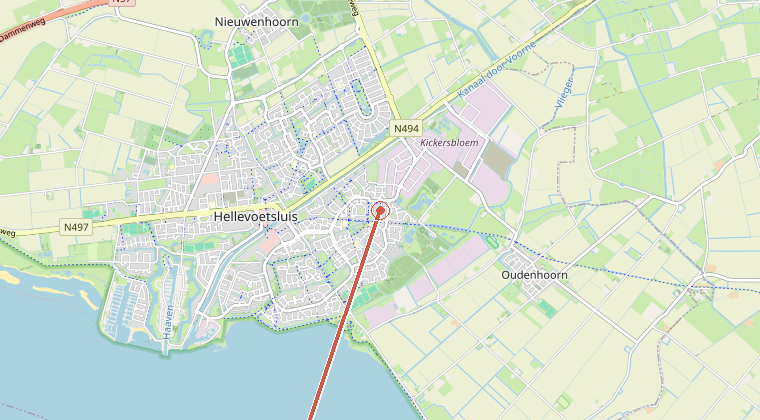 Kaart van de omgeving van de melding, met de kazerne die is gealarmeerd