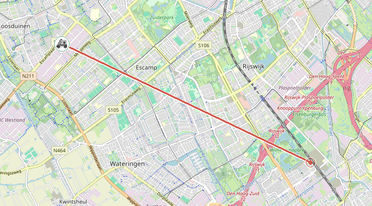 Kaart van de omgeving van de melding, met de kazerne die is gealarmeerd