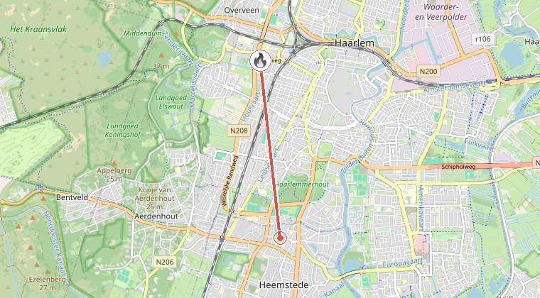 Kaart van de omgeving van de melding, met de kazerne die is gealarmeerd