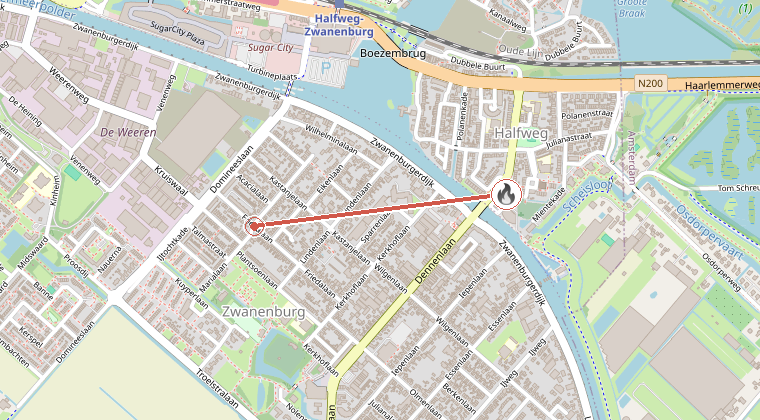 Kaart van de omgeving van de melding, met de kazerne die is gealarmeerd