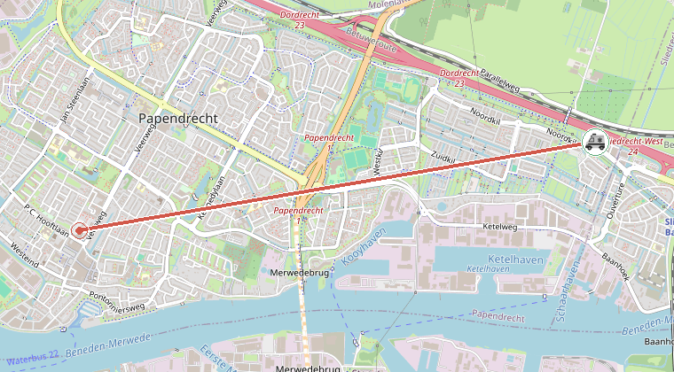 Kaart van de omgeving van de melding, met de kazerne die is gealarmeerd