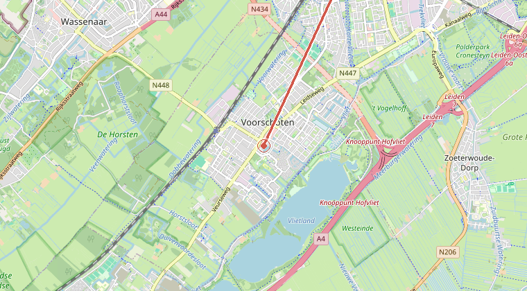 Kaart van de omgeving van de melding, met de kazerne die is gealarmeerd