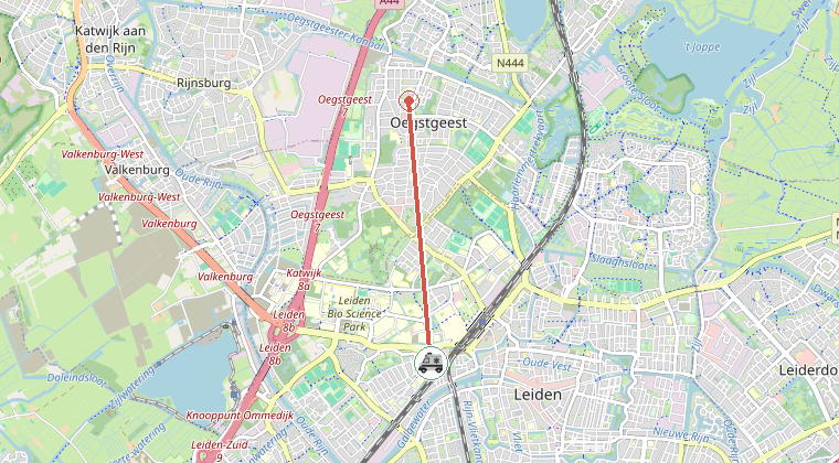 Kaart van de omgeving van de melding, met de kazerne die is gealarmeerd