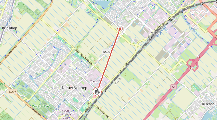 Kaart van de omgeving van de melding, met de kazerne die is gealarmeerd