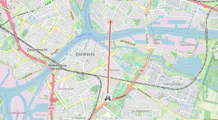 Kaart van de omgeving van de melding, met de kazerne die is gealarmeerd