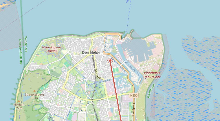 Kaart van de omgeving van de melding, met de kazerne die is gealarmeerd