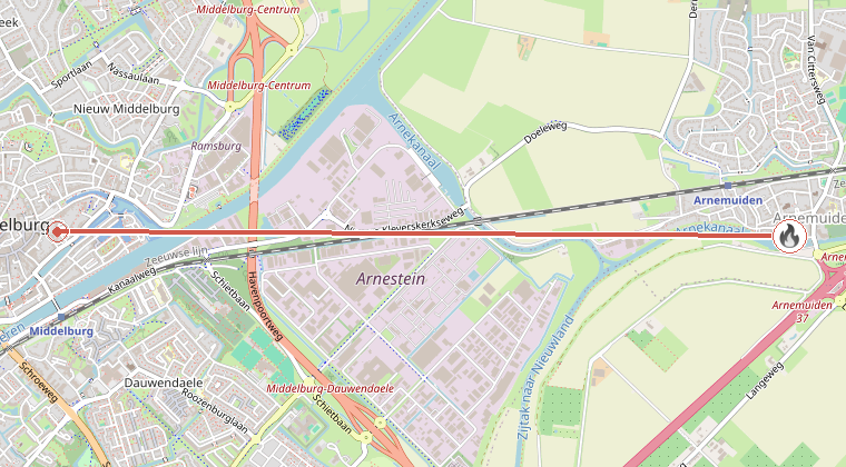 Kaart van de omgeving van de melding, met de kazerne die is gealarmeerd