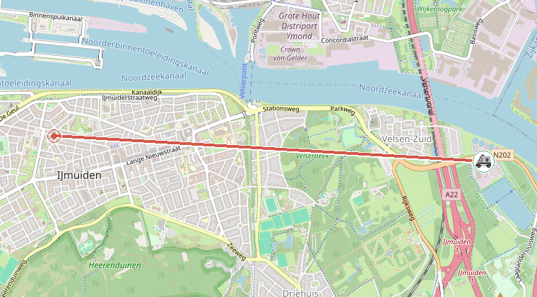 Kaart van de omgeving van de melding, met de kazerne die is gealarmeerd