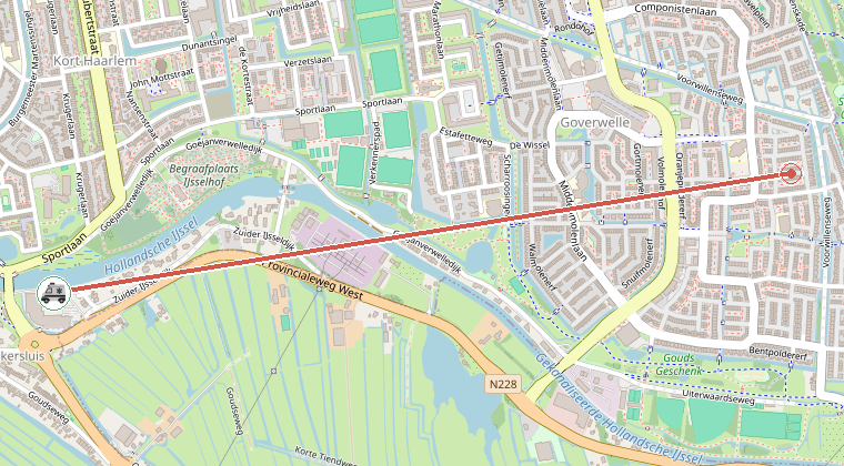 Kaart van de omgeving van de melding, met de kazerne die is gealarmeerd
