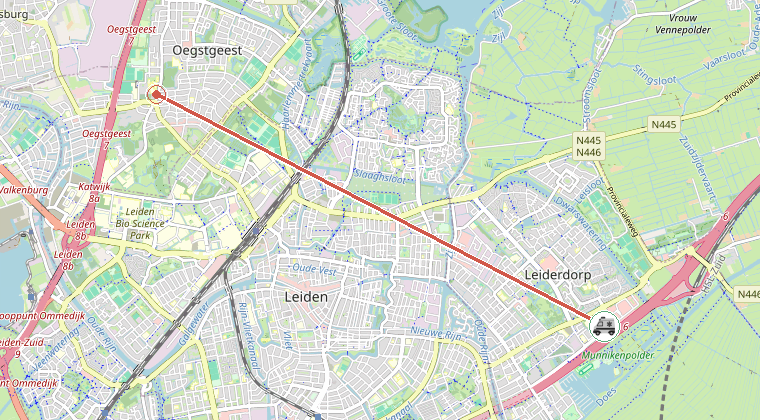 Kaart van de omgeving van de melding, met de kazerne die is gealarmeerd