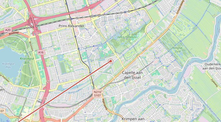 Kaart van de omgeving van de melding, met de kazerne die is gealarmeerd
