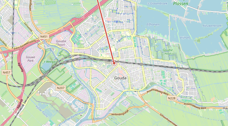 Kaart van de omgeving van de melding, met de kazerne die is gealarmeerd