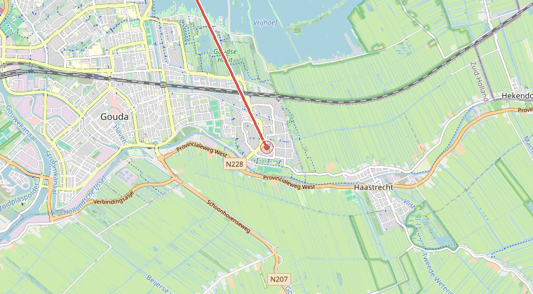 Kaart van de omgeving van de melding, met de kazerne die is gealarmeerd