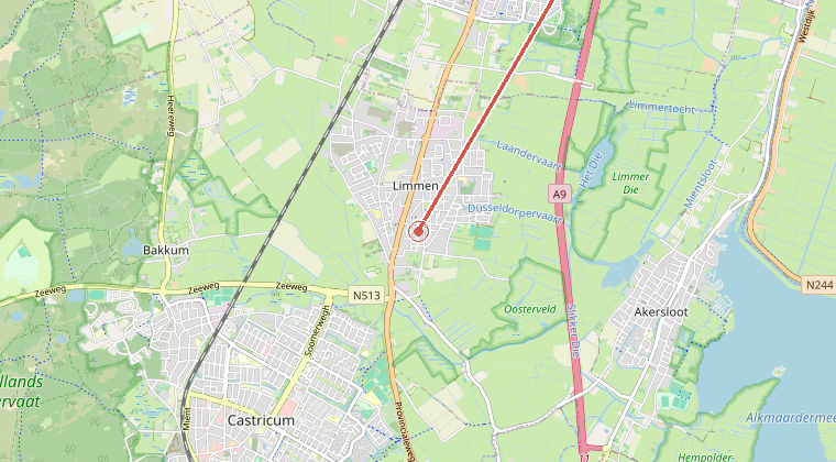 Kaart van de omgeving van de melding, met de kazerne die is gealarmeerd