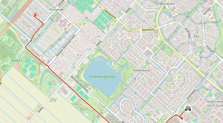 Kaart van de omgeving van de melding, met de kazerne die is gealarmeerd