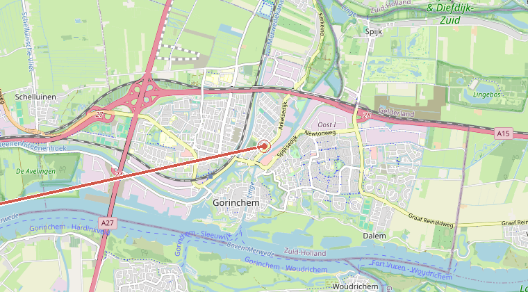 Kaart van de omgeving van de melding, met de kazerne die is gealarmeerd
