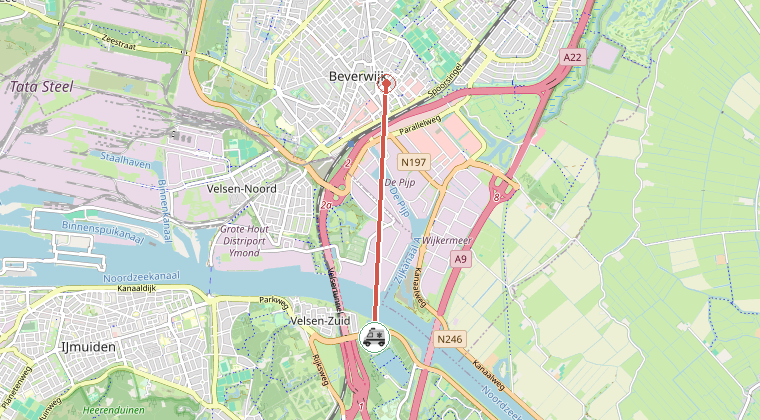 Kaart van de omgeving van de melding, met de kazerne die is gealarmeerd
