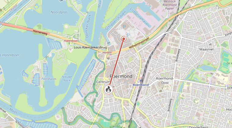 Kaart van de omgeving van de melding, met de kazerne die is gealarmeerd