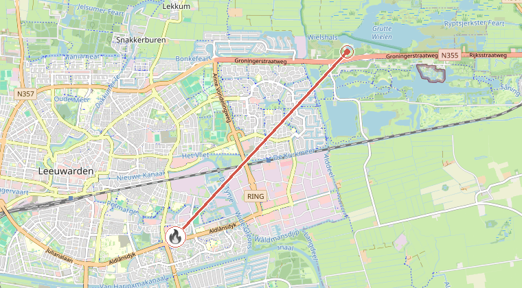 Kaart van de omgeving van de melding, met de kazerne die is gealarmeerd