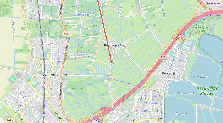 Kaart van de omgeving van de melding, met de kazerne die is gealarmeerd