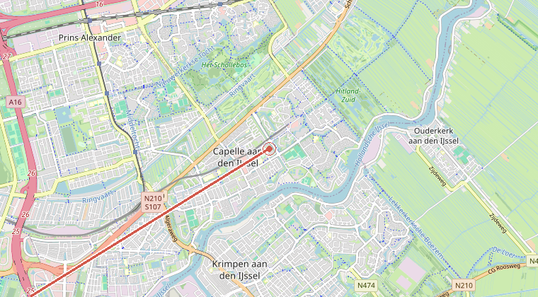 Kaart van de omgeving van de melding, met de kazerne die is gealarmeerd