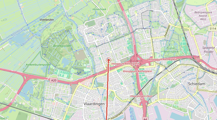 Kaart van de omgeving van de melding, met de kazerne die is gealarmeerd