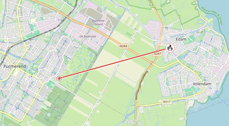 Kaart van de omgeving van de melding, met de kazerne die is gealarmeerd