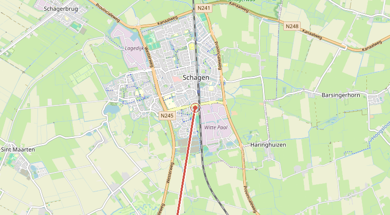 Kaart van de omgeving van de melding, met de kazerne die is gealarmeerd