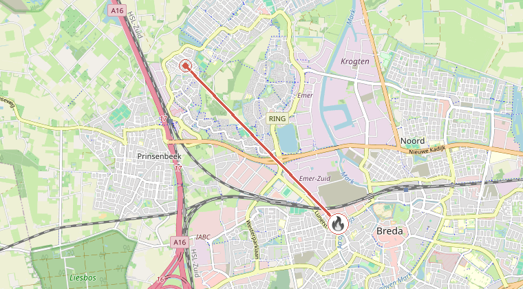 Kaart van de omgeving van de melding, met de kazerne die is gealarmeerd